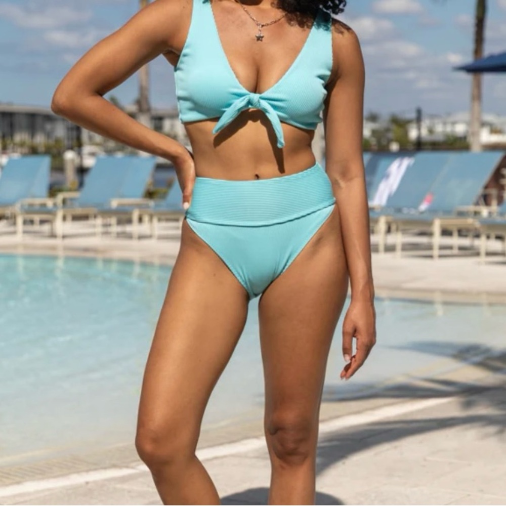 NWOT Tie-Front High-Waist Bikini in Aqua